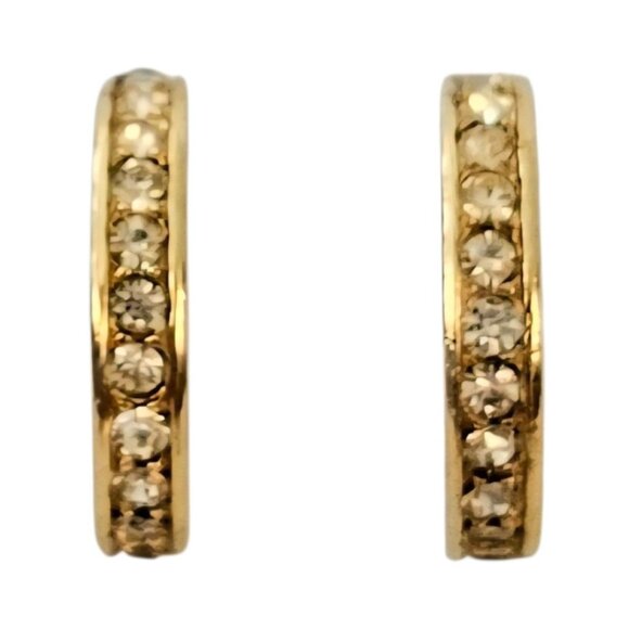 Trifari Gold Tone Clear Rhinestone Hoop Clip On Earrings, Signed - Picture 4 of 8